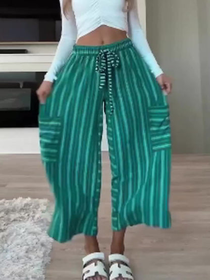 Women's Wide Leg Pants with Elastic Waist & Striped Drawstring - Striped Horizontal Stripes Trousers Suitable for Spring/Summer, Casual Lounge Pants with Side Pockets, Machine Washable Wide-Leg Trousers for Warm Weather