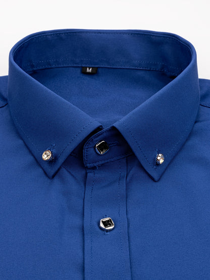 Father'S Day Gift Choice, Men'S Long Sleeve Button Shirt, Crystal Button Design, Solid Color Plain Formal Business Attire, Great As Gift for Party, Wedding, Date Dress Shirt
