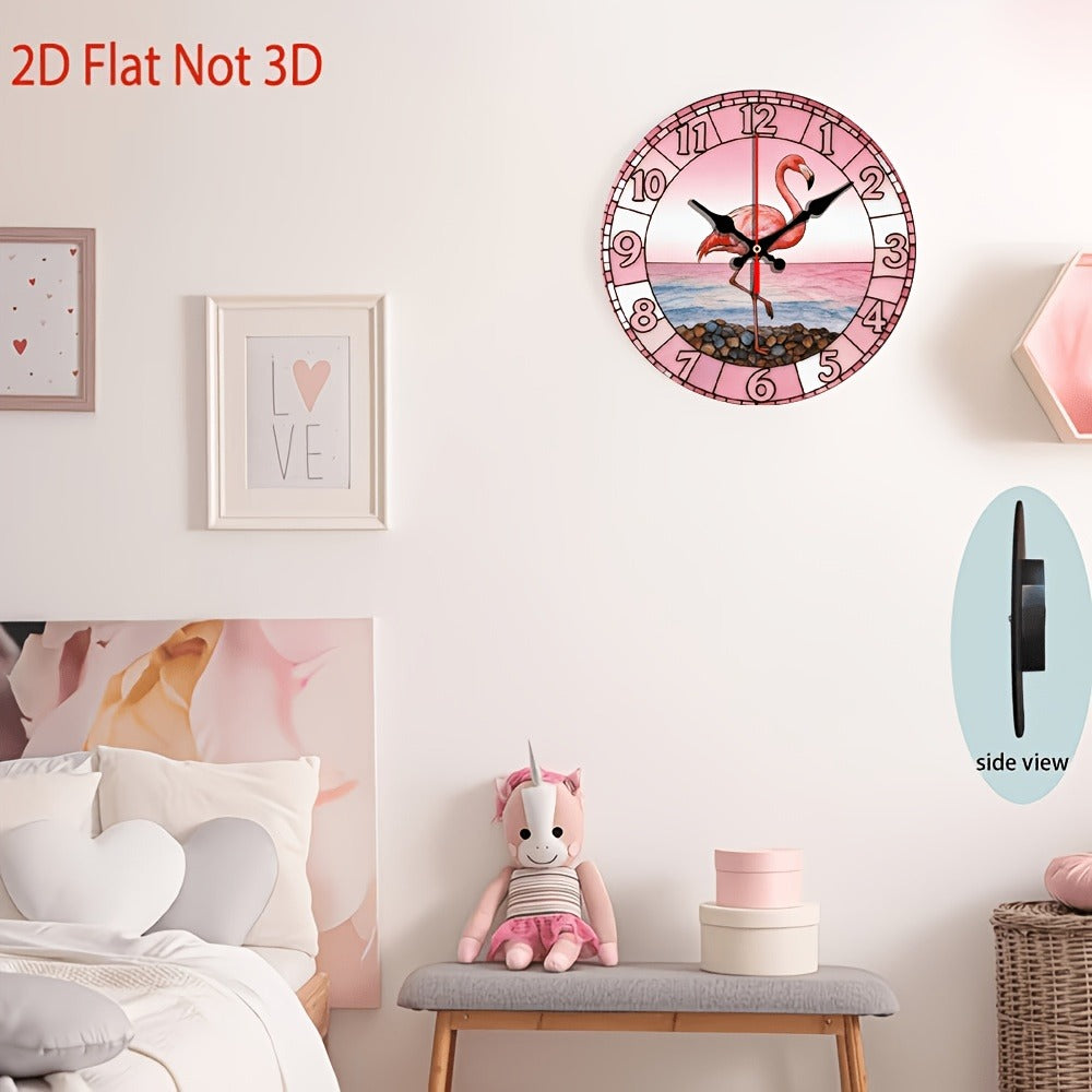 Pink Flamingo Beach Wall Clock - Silent Non-Ticking 10-Inch Design