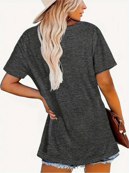 Plus Size, Women's V-Neck Short Sleeve T-Shirt- Soft Casual Style Suitable for All Seasons, Printed with "Whisper of Wisdom" Pattern, Machine Washable Top, Suitable for Daily Wear and Casual Outfits
