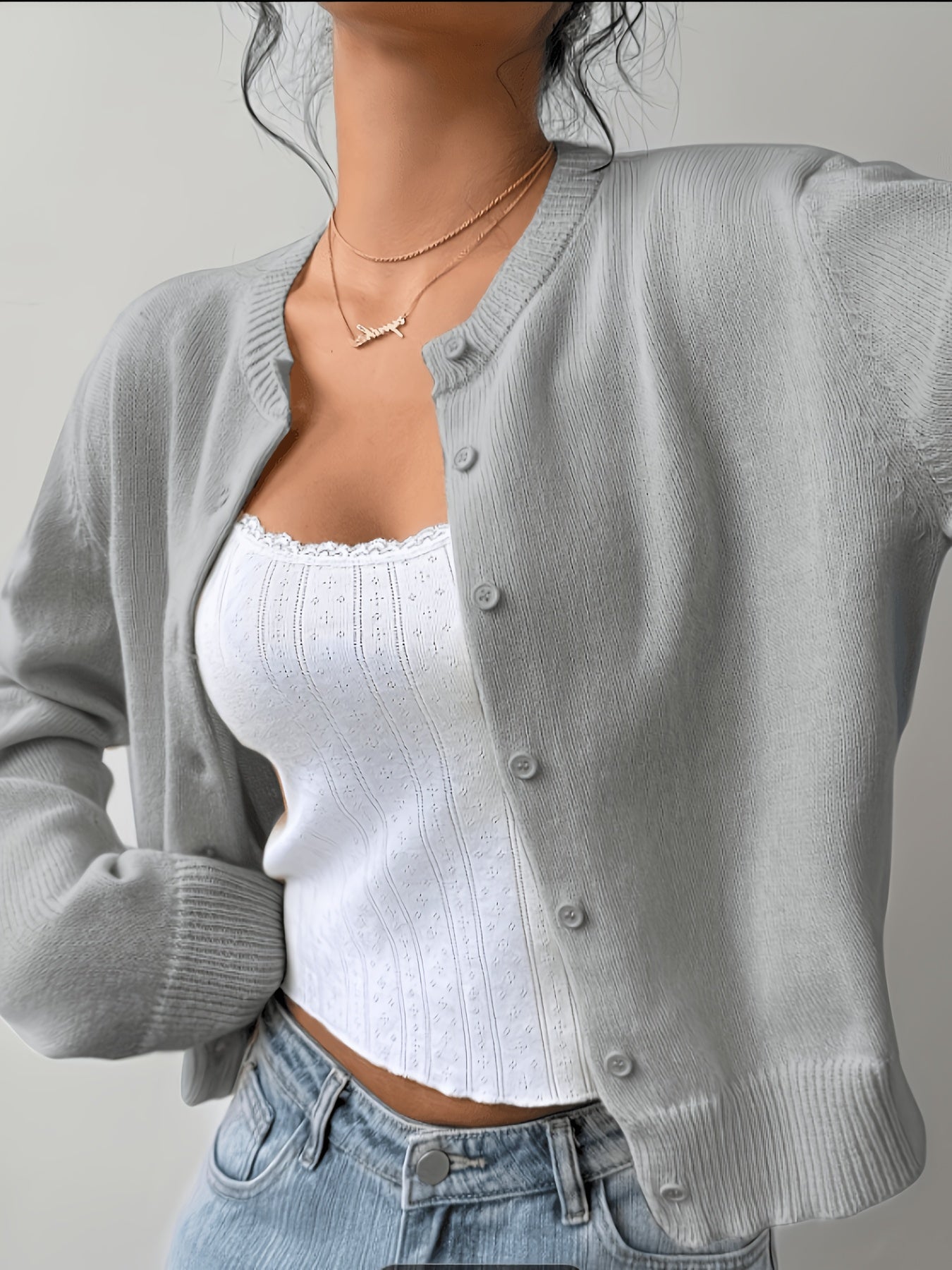 New Spring And Summer Fashionable Elegant Women's Stretch Button Cardigan - High-Elasticity Crew Neck Spring/Autumn Sweater, Hand Wash/Dry Clean Spring And Summer Apparel, Lightweight And Breathable Daily Commute, Sports And Leisure Top, Qqq