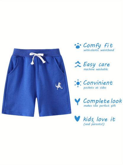 Set of Three Athletic Shorts for Young Boys Featuring Pockets - Easy Pull-On Style with Active Dinosaur Embroidery, Comfortable And Breathable Summer Shorts for Children, for Outdoor