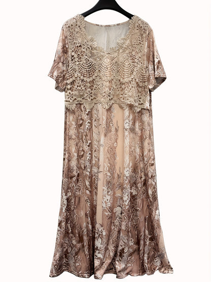 Plus Size Short Sleeve Midi Dress with Lace Neck And Flower Print