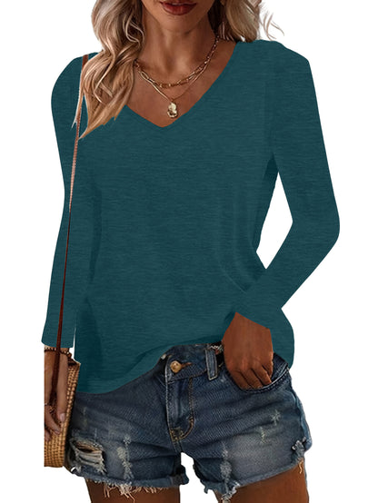 SINHOON 4pcs Women's Clothes Spring And Autumn Casual Top, Solid-Color Long-Sleeved V-Neck T-shirt