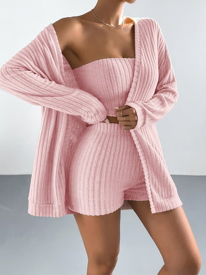 Women's 3pcs Brushed Pajama Set with Long Sleeve Cardigan, Bustier Top, And Shorts, Cozy Lounge Wear for Home, Office, Travel, Coffee Date, Casual Outing, And Weekend Relaxation, Matching Loungewear Outfit