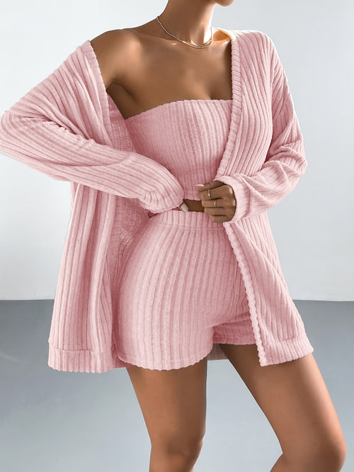 Women's 3pcs Brushed Pajama Set with Long Sleeve Cardigan, Bustier Top, And Shorts, Cozy Lounge Wear for Home, Office, Travel, Coffee Date, Casual Outing, And Weekend Relaxation, Matching Loungewear Outfit