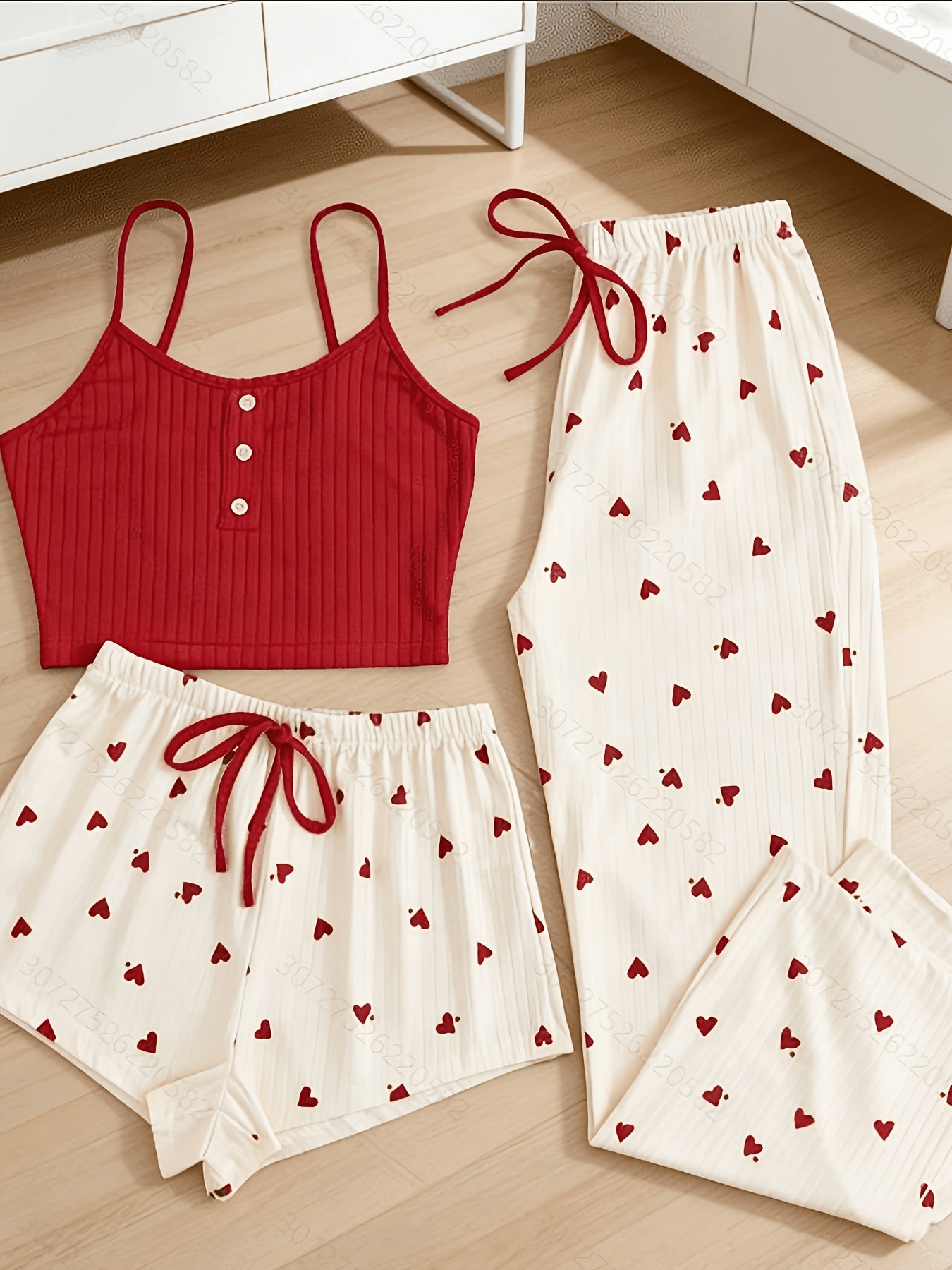 Trendy Heart Print 3pcs Pajama Set - Casual Cami, Shorts & Pants Loungewear for Sleep, Lounge & Daily Wear