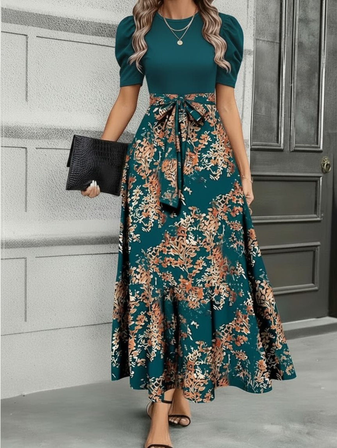 Women'S Floral Cinched-Waist Casual Long Dress, Suitable for Light Business Gatherings | Weekend Afternoon Tea And Similar Occasions, Elegant And Refined