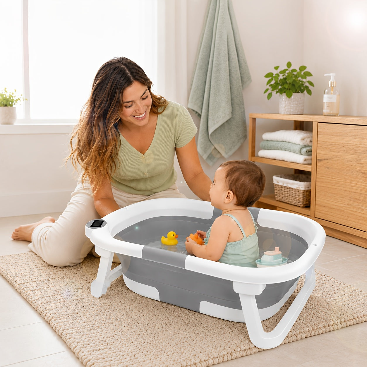 Cochildor Collapsible Baby Bathtub, Baby Bath Tub with Soft Cushion & Thermometer, Baby Bathtub for Newborn to Toddler 0-36 Months, Portable Travel Baby Tub, Easy-Clean Plastic, Pink And Gray/Blue, Bathtub for Baby, Playful Design, Easy-Grip Handles