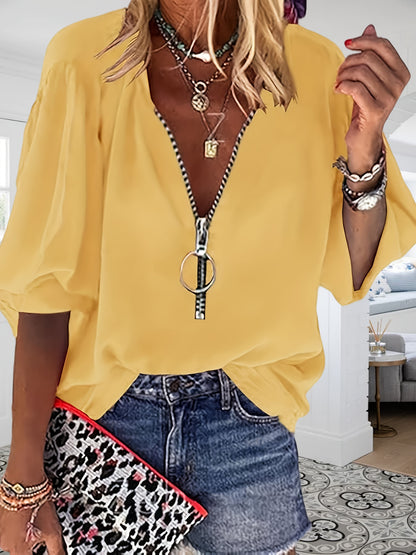 Solid Color Zipper Up Blouse, Casual V Neck Long Sleeve Blouse For Spring & Fall, Women'S Clothing
