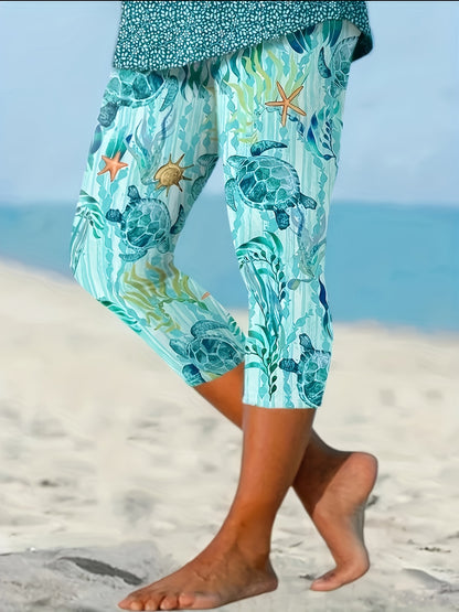 Women's Stylish Turquoise & Turquoise Blue Sea Turtle Print High-Waisted Capri Leggings - Light Blue with White & Yellow Marine Life Design, Stretchy Full-Length Beach Pants for Spring Summer Fall, Casual to Semi-Formal Outfits, Machine Washable Ocean-The