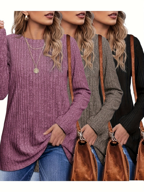 Three-piece Women's Long-sleeved European And American Fashion Sweater, Casual Round-neck Light And Loose T-shirt