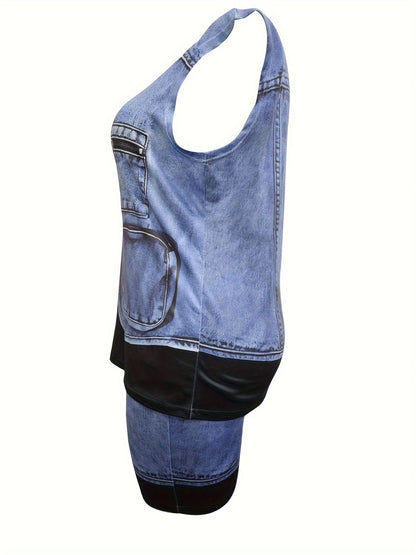 [Printed Pants - Not Denim Fabric] [Denim Print/ Denim Imitation]Women's Full-body Denim Imitation Print Two-piece Set. Loose Casual Sleeveless Top with Fitted Shorts. Round Neck Loose Top + Tight Shorts Set.