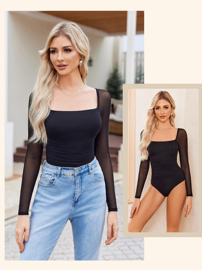 Women'S Square Neck Mesh Long Sleeve Bodysuit Shirts Ruched Body Suit Sexy Sheer Tops Date Night Outfit