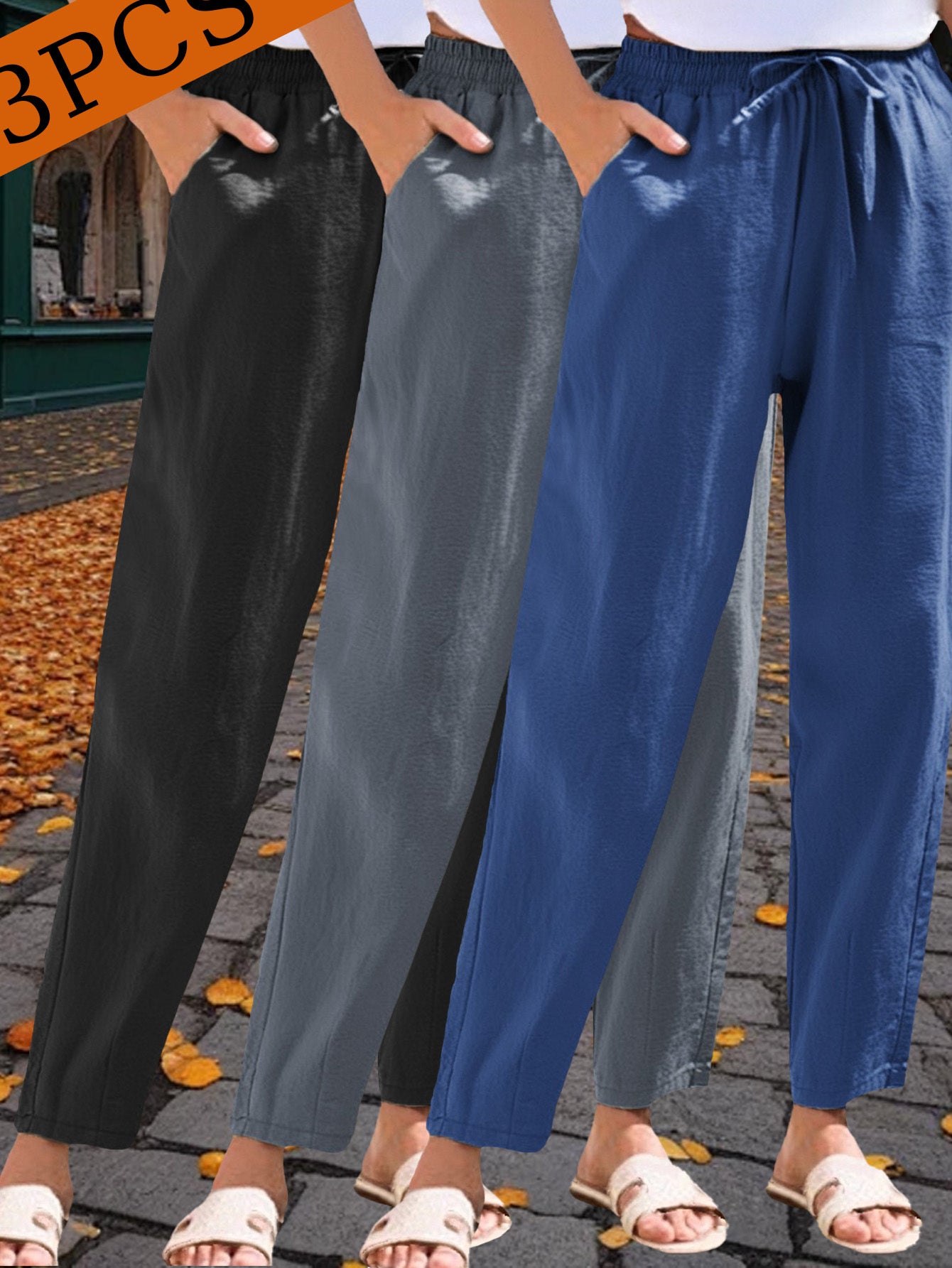 3-Pack Women'S 9/10 Length Casual Trousers, Loose Fit, Solid Color Drawstring Elastic Waist, Comfortable And Versatile for Office, Weekend Strolls, Gatherings, And Beach Vacations