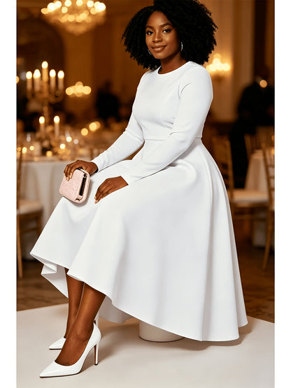 Plus Size - Plus Size Women'S Solid Color Round Neck Long Sleeve Back Pleated Flared Dress Autumn And Winter Elegant Long Dress