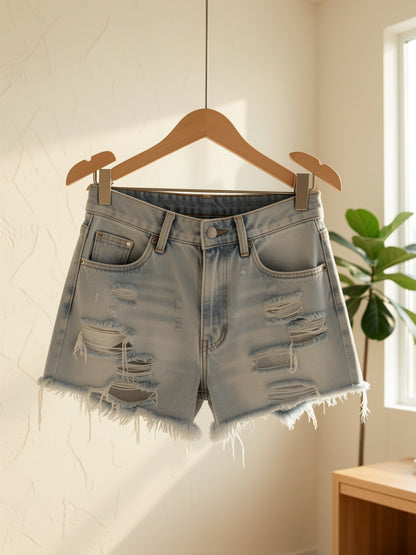 High Waisted Ripped Frayed Hem Denim Shorts for Women Distressed Stretch Fit Summer Casual Shorts with Tassel Detail