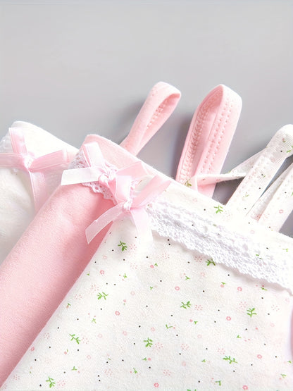 3pcs Set Breathable Stretchy Underwear, Comfortable Girls' Cotton Camisole Vest, Printed Children's Base Layer Thin Strap T-Shirt + Cake Skirt Princess Outfit, Summer Camisole Underwear and Panties for Casual Sports and Leisure Wear, 95% Cotton + 5%