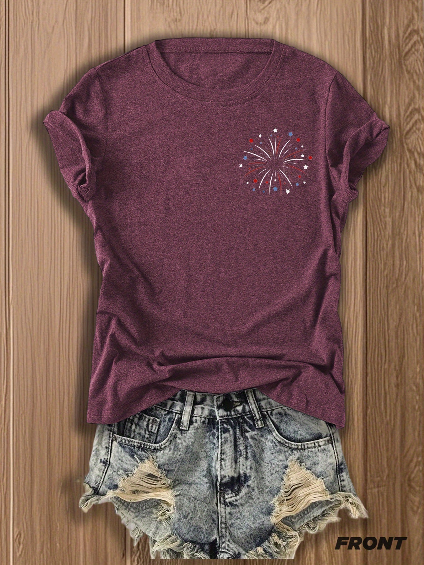 Patriotic Fireworks And Flag Print -blend T-shirt with Double-sided Design for 4th Of July Celebrations - Festive, Casual, And Stylish Graphic Tee for Women | Trendy Independence Day Apparel | -blend T-shirt with Double-sided Print