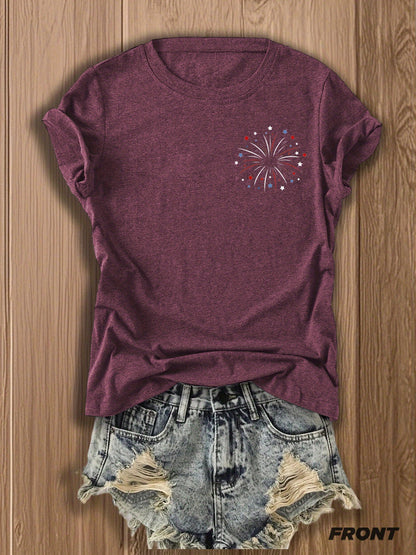 Patriotic Fireworks And Flag Print -blend T-shirt with Double-sided Design for 4th Of July Celebrations - Festive, Casual, And Stylish Graphic Tee for Women | Trendy Independence Day Apparel | -blend T-shirt with Double-sided Print