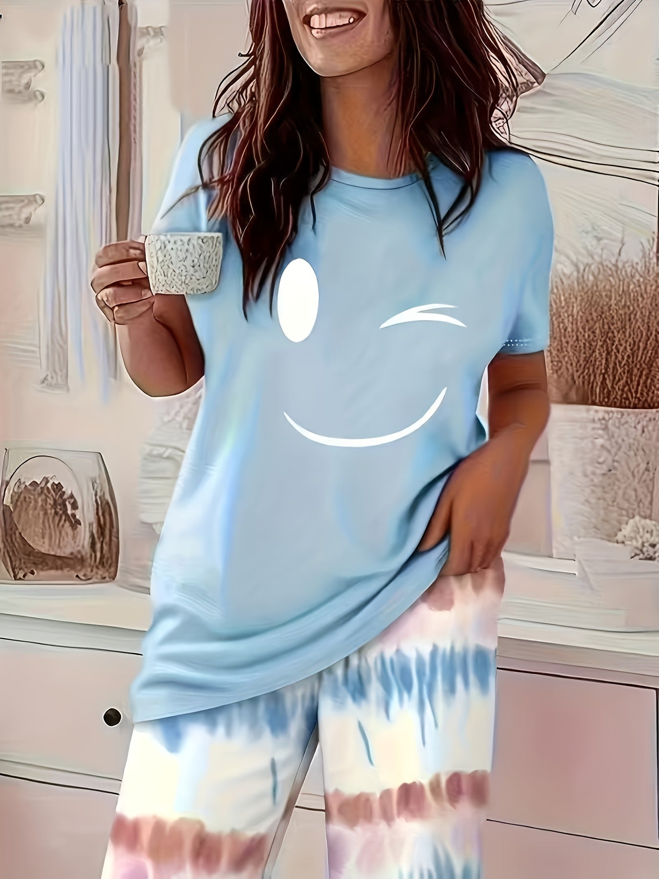 Smiling-printed Round-necked Short-sleeved Top + Gradient-colored, Loose-fit Straight-leg Pants Set