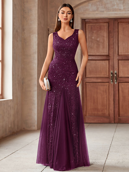23218 Elegant Women's Sequin Lace Long Evening Bridesmaid Dress, Sweetheart Neckline Sleeveless Design with Slit Tulle Mermaid Hem, Perfect for Formal Wedding Party