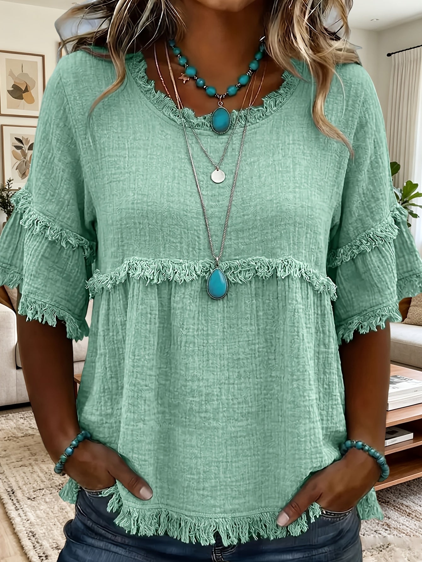 Women'S Round Neck Short Sleeve Casual Blouse with Fringed Trim