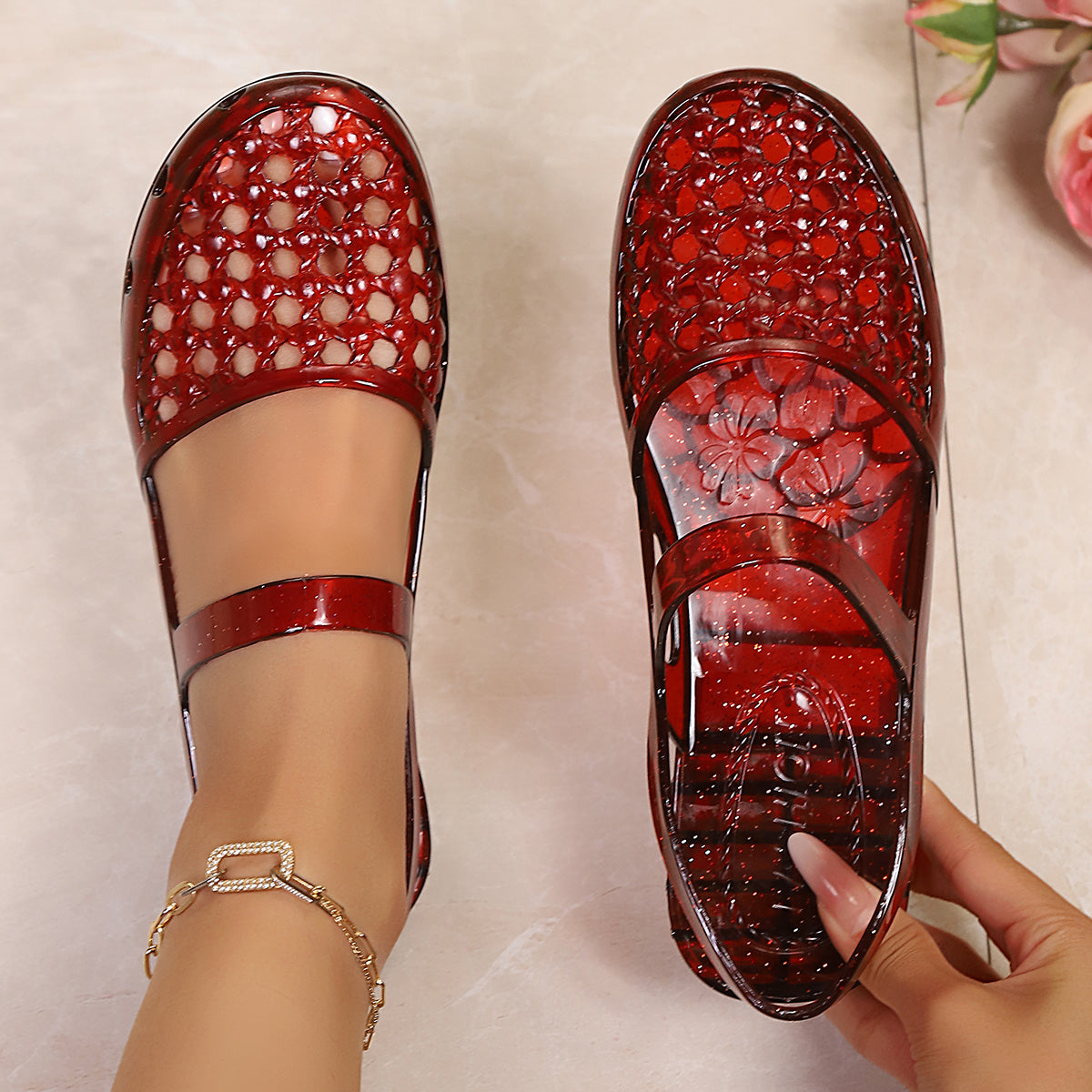 2026 Women'S Jelly Knit Flat Sandals, Comfortable Summer Beach Slip-On Shoes, Women Shoes