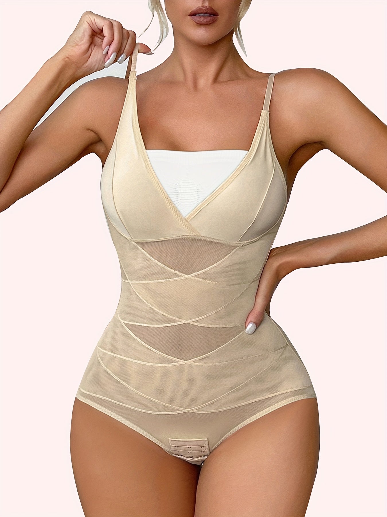 High-Waisted Body Shaping Bodysuit For Women - Sleek Black, Deep V Neck, Cross Support Back, Firm Tummy Control, Postpartum, Solid Color, Hand Washable, Removable Pads, Smoothing Silhouette, Confidence Boosting