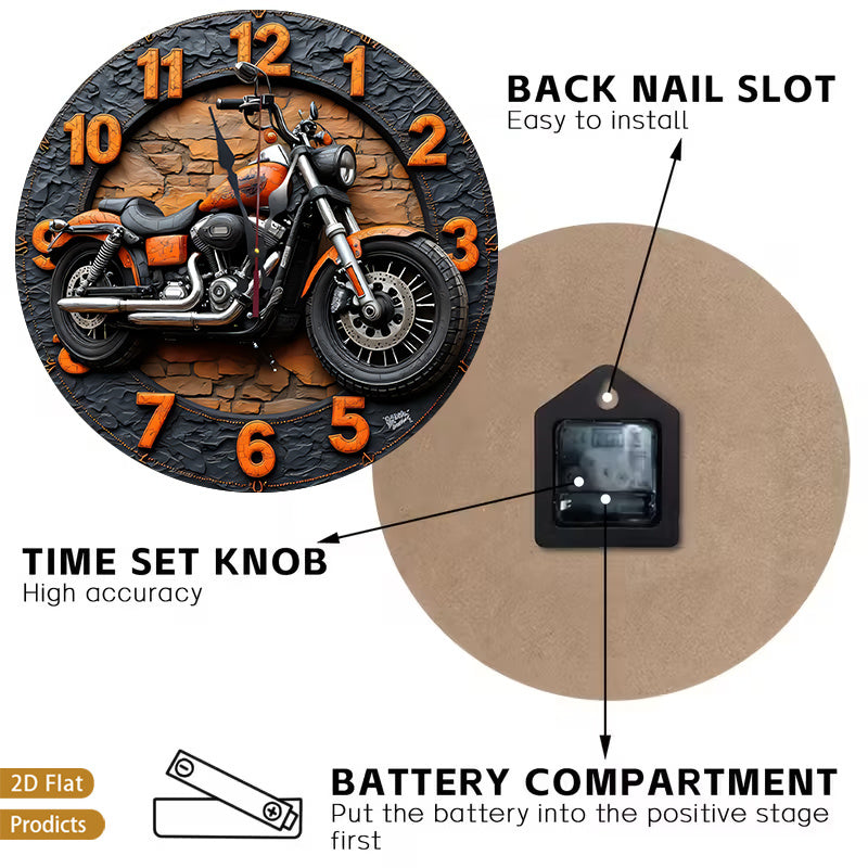 2D Flat 1pc 12inch Motorcycle Design Wooden Nursery Wall Clock Silent Non-Ticking Perfect For Kitchen, Bedroom, Office, Living Room, Battery-Powered(1 AA Required, Not Inclu Ded)