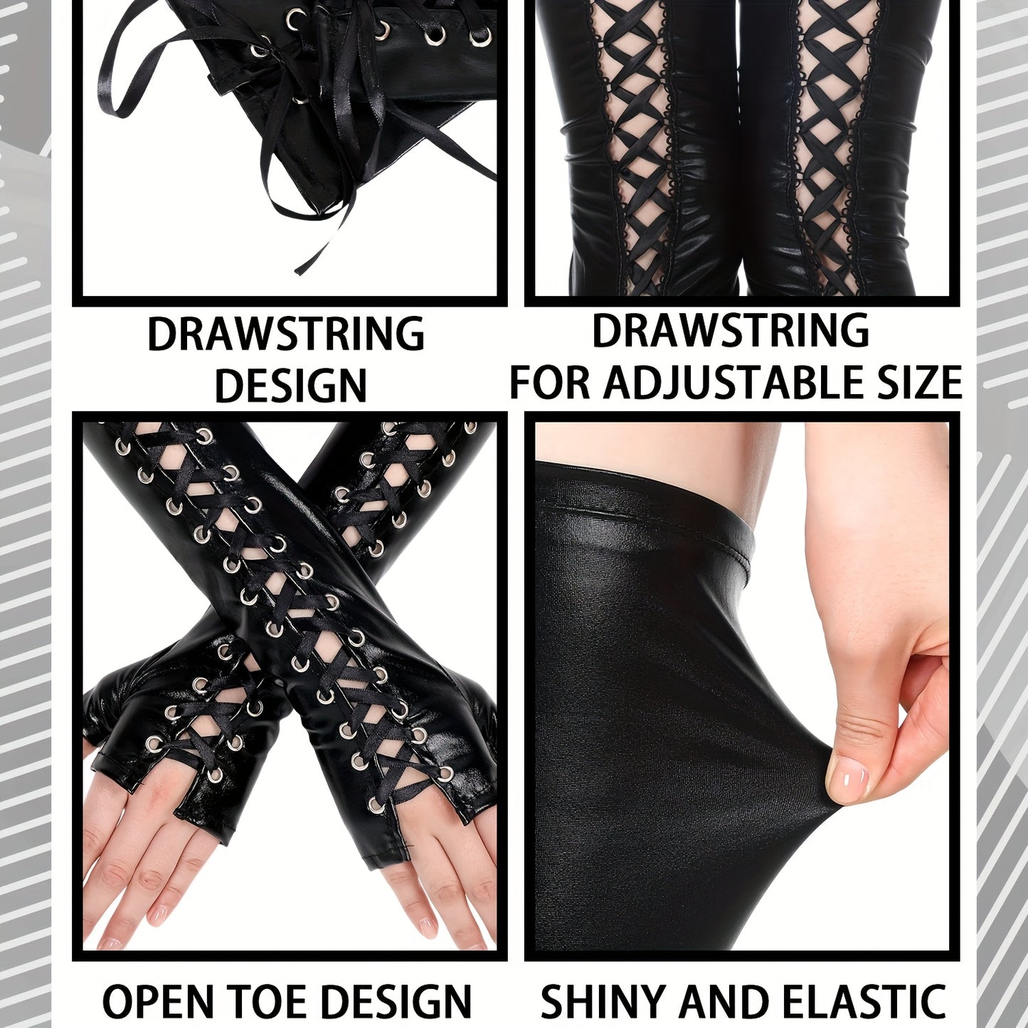 2pcs Women's Gothic Costume Set with Shiny Fingerless Gloves & Thigh-High Stockings - Full Set with Cuff & Buckle Closure, Spiked Elbow & Toe Design - Faux All-in-One Outfit for Halloween, Cosplay, Themed Parties & Photo Shoots - Comfortable &