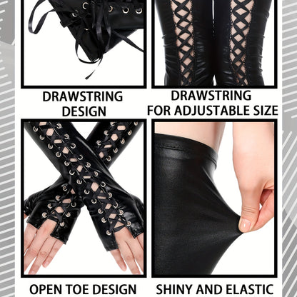 2pcs Women's Gothic Costume Set with Shiny Fingerless Gloves & Thigh-High Stockings - Full Set with Cuff & Buckle Closure, Spiked Elbow & Toe Design - Faux All-in-One Outfit for Halloween, Cosplay, Themed Parties & Photo Shoots - Comfortable &