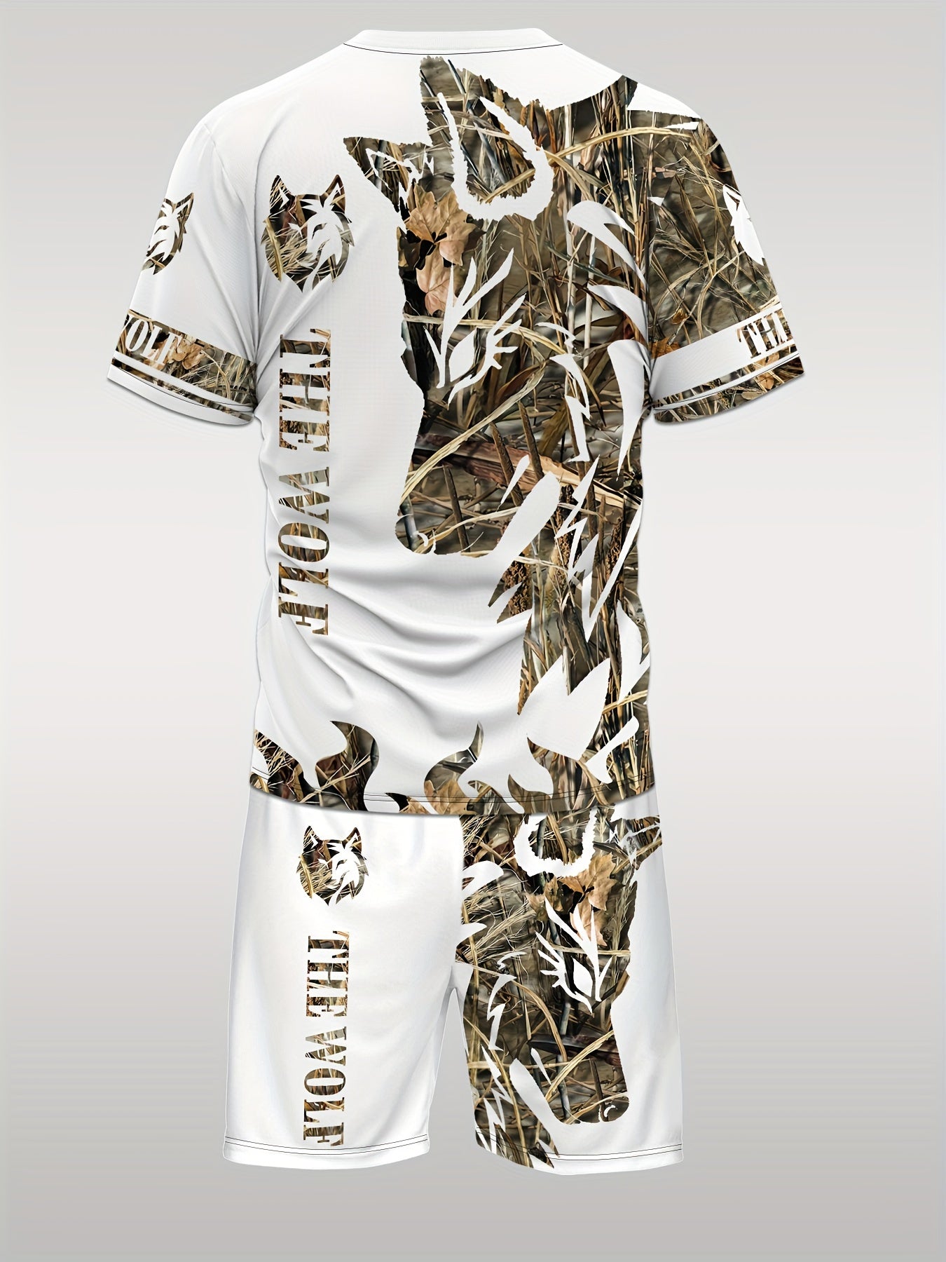 Summer Men's wolf pattern casual round neck short-sleeved T-shirt and shorts 2pcs set, suitable for outdoor activities