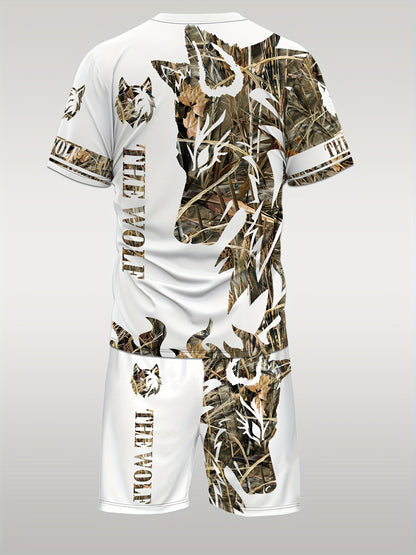 Summer Men's wolf pattern casual round neck short-sleeved T-shirt and shorts 2pcs set, suitable for outdoor activities