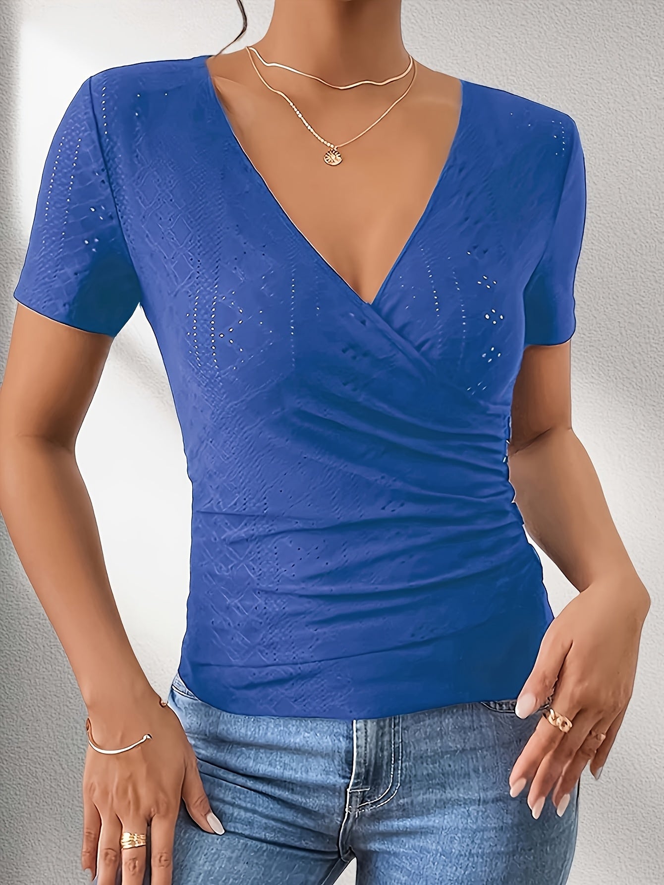 [Elegant V-Neck Shirt] Nian Nian Women's Elegant Deep V-Neck Short-Sleeve Shirt - Breathable Button-Front Collar Top with Cut-Out Details, Machine Washable Polyester Suitable for Casual & Formal Wear, Spring/Summer Layering Piece for Office or Everyday