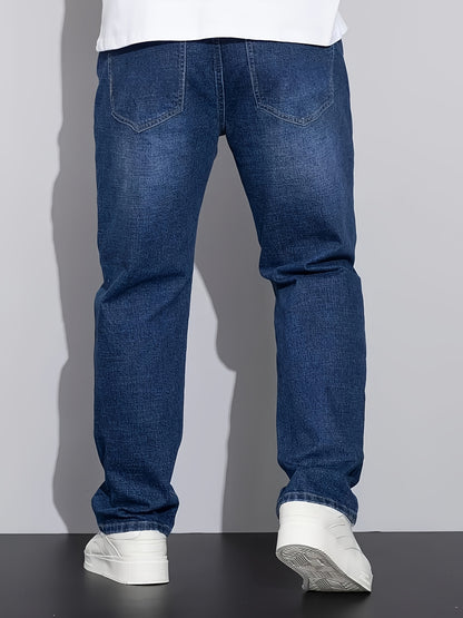 [HME] Men'S Easy And Casual Denim Trousers, Classic Five-Pocket Style, Retro Washed Craftsmanship, Mid-Waist Elastic Straight-Leg Pants, Built-In YKK Zipper Closure, Essential Men'S Plus-Size Jeans for Fashionable And Casual Outfits, Plus Size