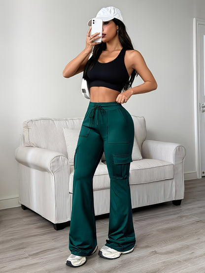 Women'S Functional Flare Cargo Pants, High Waist Elastic Drawstring Bootcut Leggings With Multi-Pockets, Stretchy All-Purpose & Casual Pants
