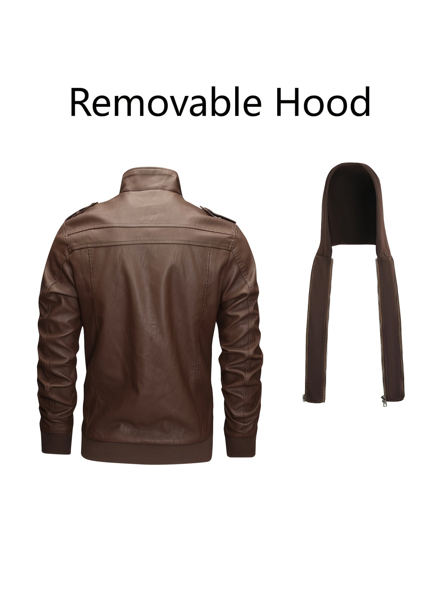 Men's PU Leather Jacket Motorcycle Jacket High Quality Windproof (Belt Included) PU Moto Vintage Bomber Hoodie with Removable Hood