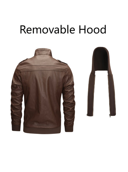 Men's PU Leather Jacket Motorcycle Jacket High Quality Windproof (Belt Included) PU Moto Vintage Bomber Hoodie with Removable Hood