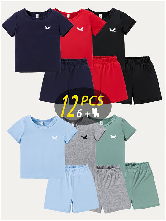 12pcs Targeted Development Summer New Boys' And Girls' Fashion Shorts Set, Printed Casual Set, Six Tops, Six Shorts, for Outdoor