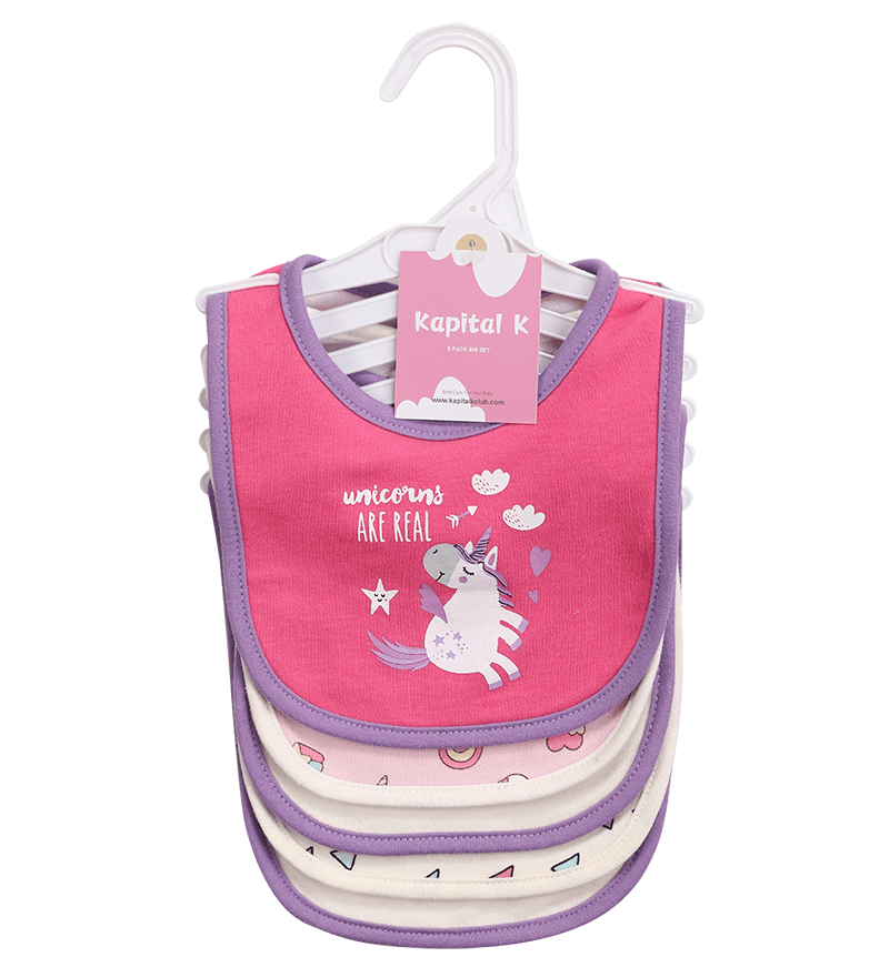 Kapital K 5pcs! Double - Layered Absorbent Cotton 5 - Piece Set with Cartoon Embroidery and Magic - Tape Adjustable Feeding Bibs for 0 - 3 Year - Olds, Boys & Girls