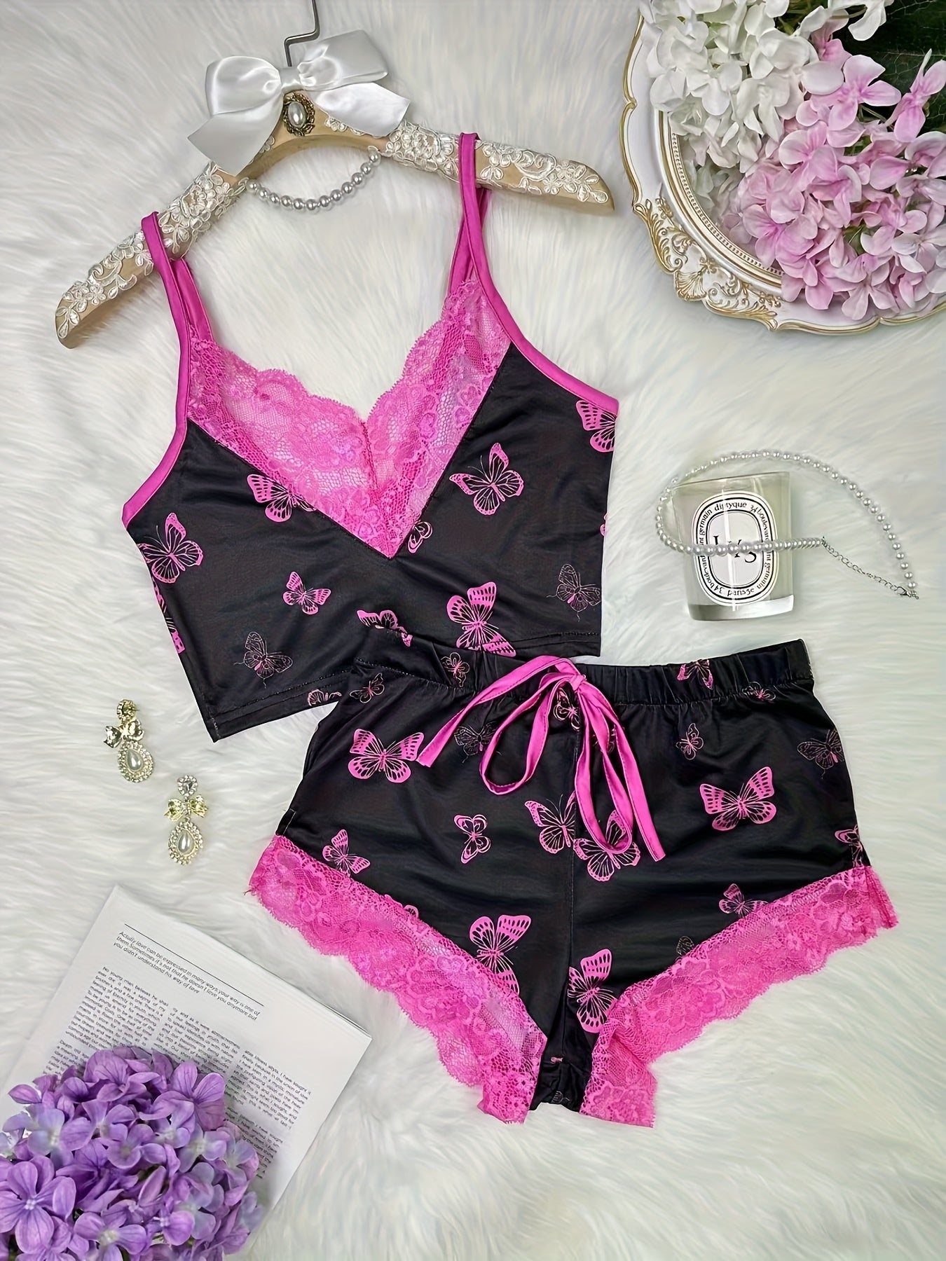 Contrast Color Lace Stitching Plaid Love Print V-neck Bilateral Side Open Backless Skin-friendly Soft Home Casual Pajamas Set