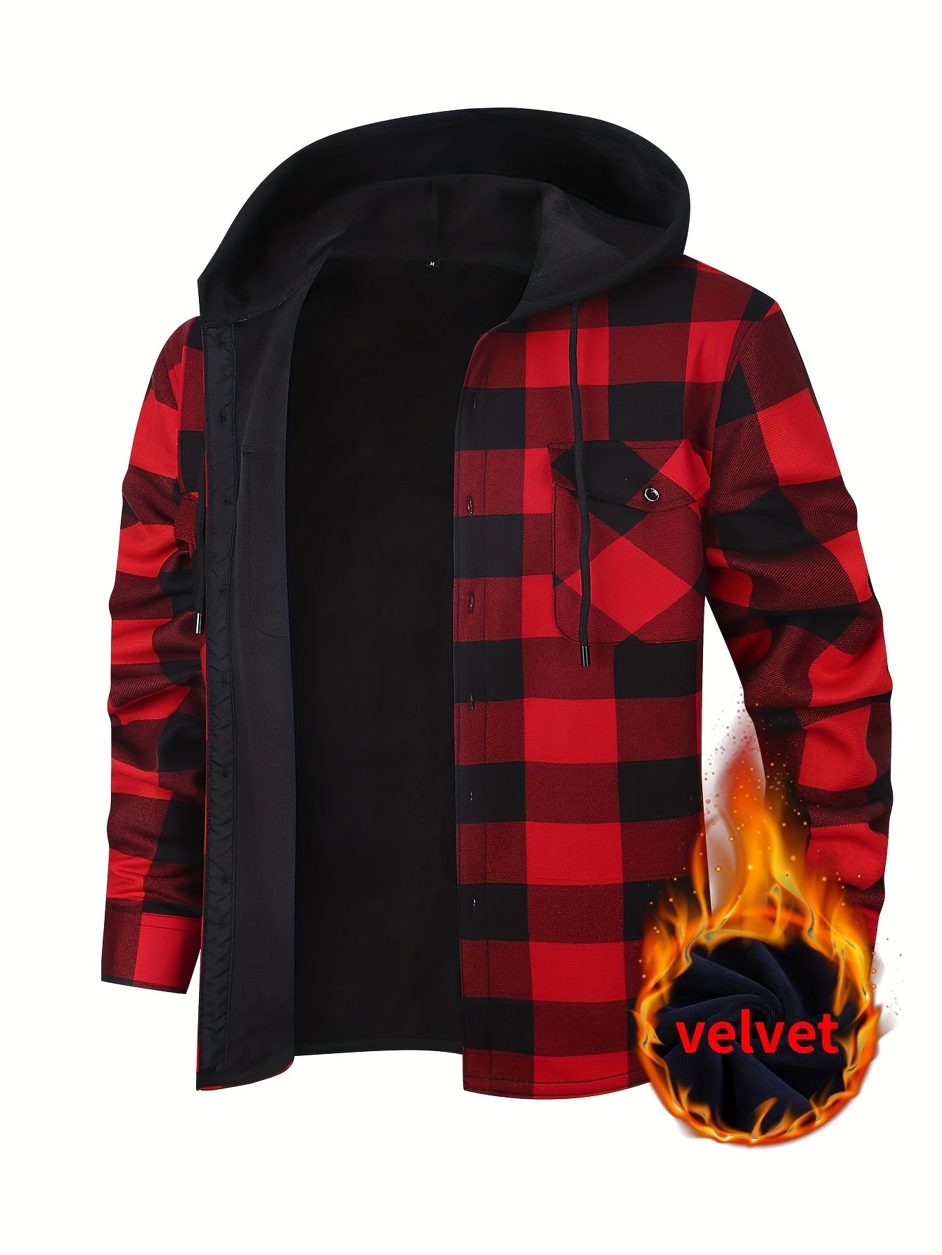 Men's Hooded Plaid Shirt Jacket with Flannel Lining - Thickened Winter Coat, Button Front, Black/White/Gray/Beige Plaid, Euro/American Sizing, Casual Outdoor & Formal Wear (Hand Washable) - Blazer Coat for