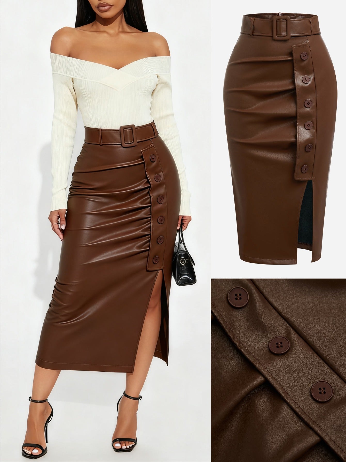 GlOURI Women's Brown Faux Midi Skirt - High Waist with Wide Belt & Side Button & Slit Detail | Slim-Fit Elegant Style for Casual Daily, Office Commute & Fashion Styling (Faux Durable & Figure-Flattering) for Edgy Looks