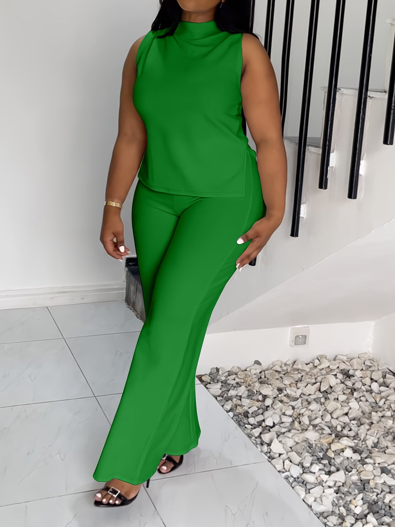 Women's Green Polyester Sleeveless Wide-Leg Pants - product view 7