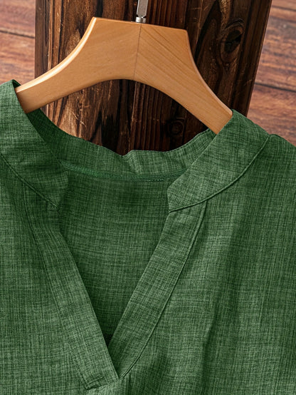 Plus Size - Plus Size - Plus Size Women'S Spring And Summer Casual V-Neck Button Tops - Flat Collar Rolled Sleeve Decorative Button Vacation Style Blouses, Perfect for Relaxed Or Elegant Looks