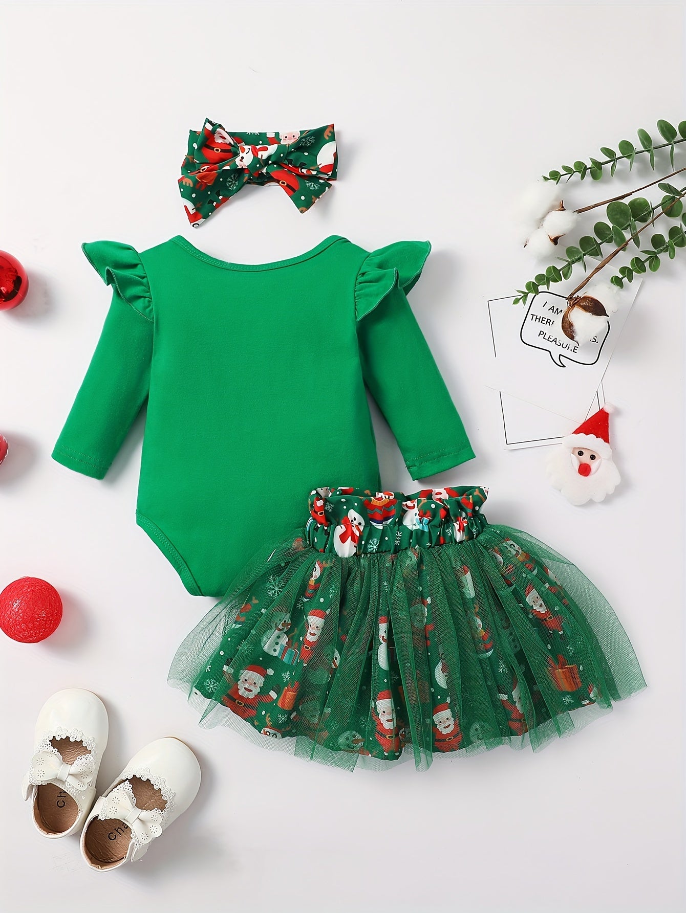 MINKIDFASHION Baby Girls Green Christmas Mesh Dress New Born Santa Baby Romper And Skirt Outfit, for Outdoor