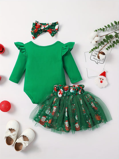 MINKIDFASHION Baby Girls Green Christmas Mesh Dress New Born Santa Baby Romper And Skirt Outfit, for Outdoor