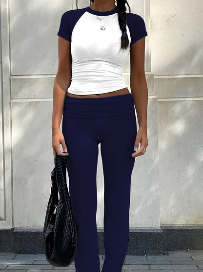 Leisure Women'S Two-Piece Round Neck T-Shirt And Low-Waisted Flared Pants Set Streetwear