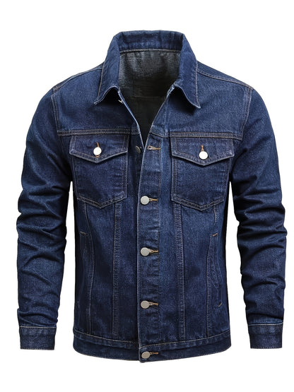 1pc Men'S Casual Denim Jacket, 80% 20%, Solid Color, Lapel Collar, Non-Stretch Woven Fabric, Regular Fit with Pockets